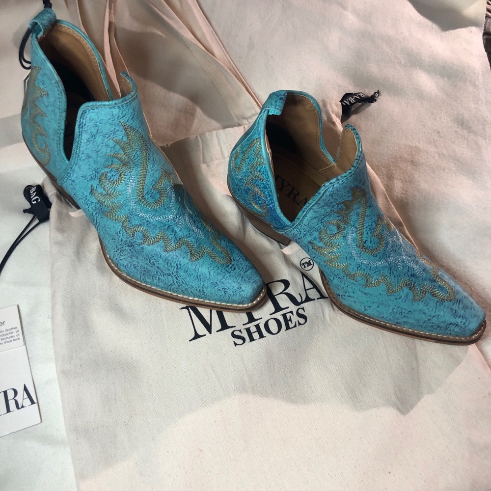 Myra Turquoise Ankle Booties with Gold Accents. Run Large - Picture 2 of 16